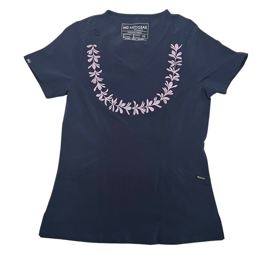 MG Medgear XS Navy Pink Laurel Wreath Graphic Scrub Top V-Neck Nurse Uniform